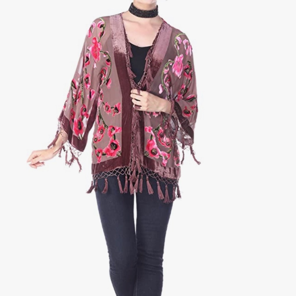 Aris A Cherry Blossom Silk Velvet Burnout w/Tassel Short Kimono O/S. (M/…